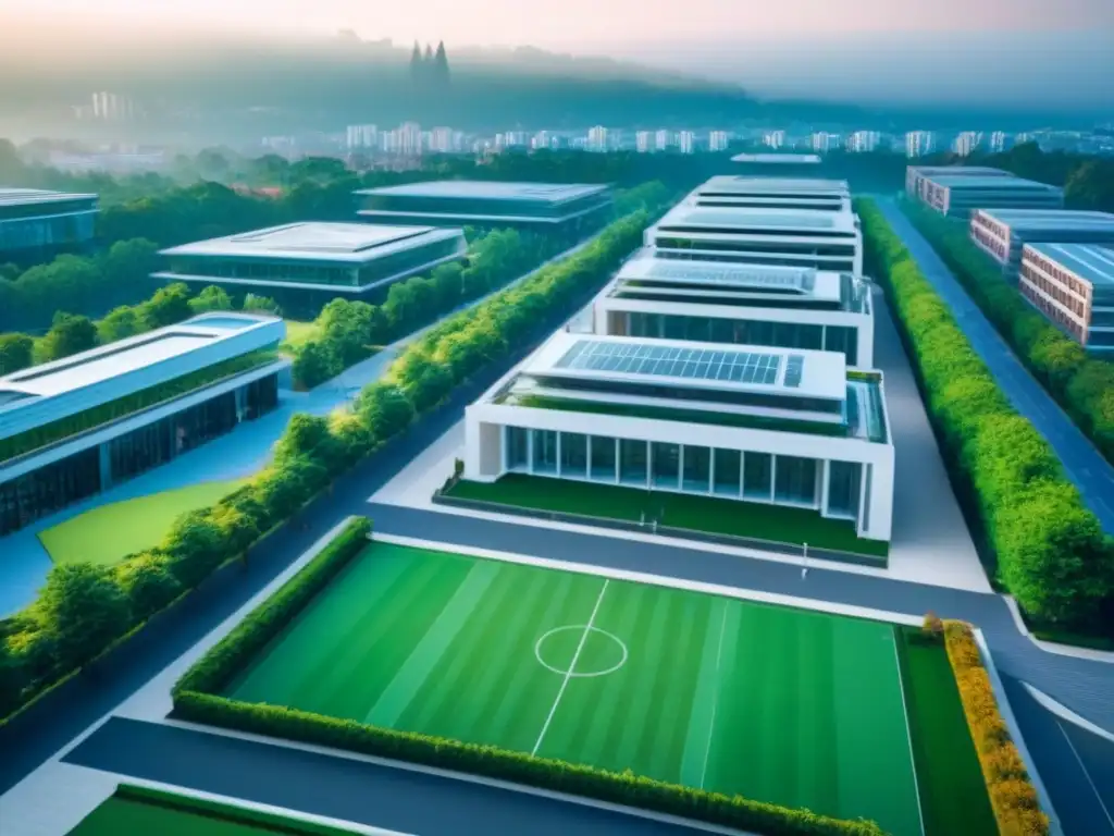 Universidad moderna en bullicioso entorno urbano Vista aérea de campus universitario rodeado de edificios modernos, estudiantes y espacios verdes
