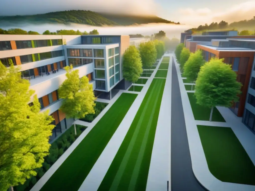 Vida universitaria vibrante: campus moderno y diversidad estudiantil Vista aérea de campus universitario con viviendas modernas y áreas verdes