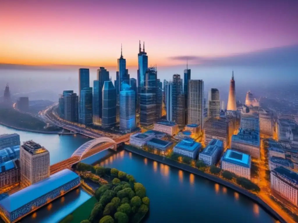 Horizonte urbano al anochecer: fusión de modernidad y tradición Vista aérea cautivadora de una ciudad al anochecer, entre rascacielos modernos y edificios históricos