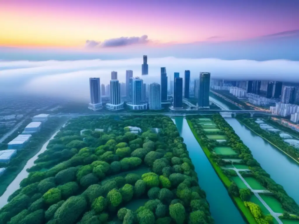 Metrópolis iluminada: símbolo de la fusión global inmobiliaria Vista aérea cautivadora de una ciudad moderna al anochecer, con rascacielos iluminados, parques verdes y sinergias postfusión mercado inmobiliario