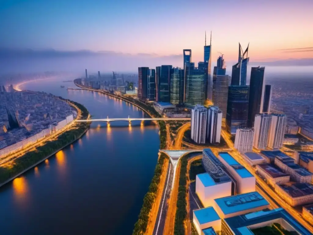 Horizonte urbano iluminado al atardecer Vista aérea cautivadora de una ciudad iluminada al atardecer, con rascacielos modernos reflejados en un río tranquilo