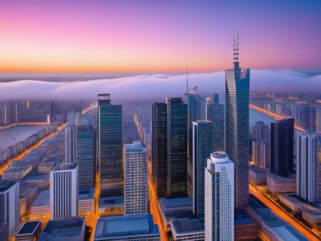Metrópolis iluminada al anochecer: influencia en bienes raíces Vista aérea cautivadora de una ciudad bulliciosa al atardecer, con rascacielos iluminados en tonos naranjas y rosados