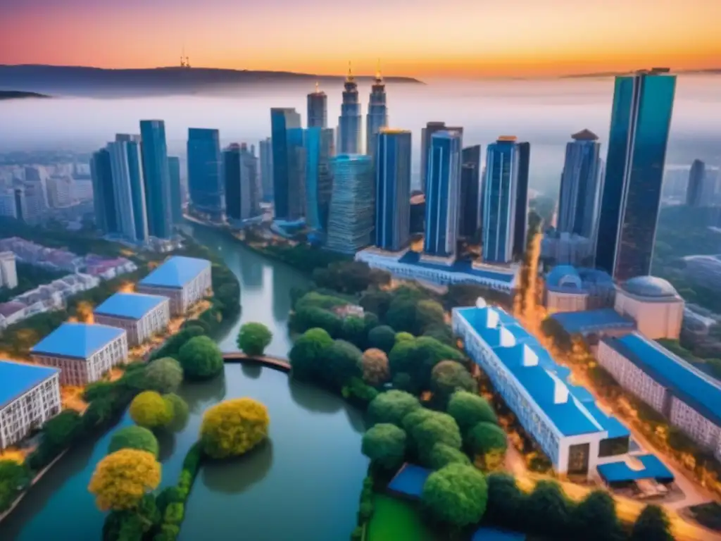 Espectacular ciudad al atardecer: rascacielos y tradición Vista aérea cautivadora de una ciudad vibrante al anochecer, con rascacielos y arquitectura tradicional bañados por la cálida luz del sol