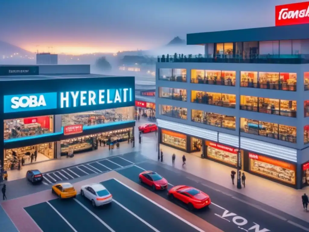 Centro comercial vibrante: modernidad y actividad en atractiva vista aérea Vista aérea de un centro comercial moderno y vibrante