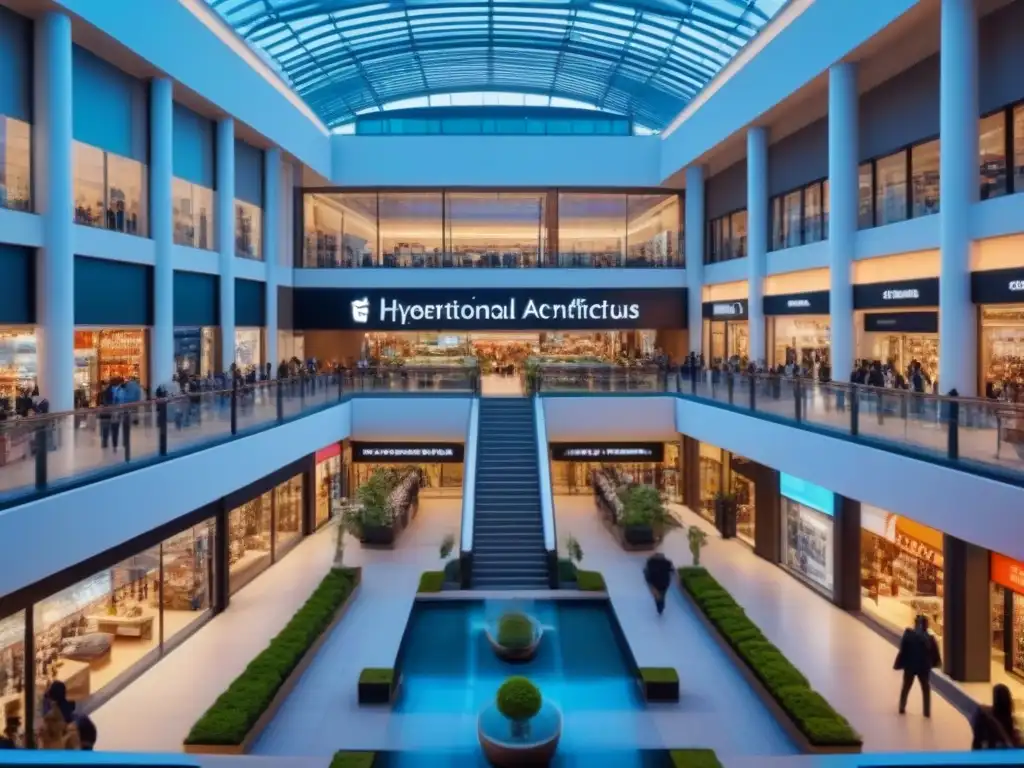 Centro comercial internacional: arquitectura moderna y energía global Vista aérea de un centro comercial internacional moderno y bullicioso, resaltando su energía y sofisticación
