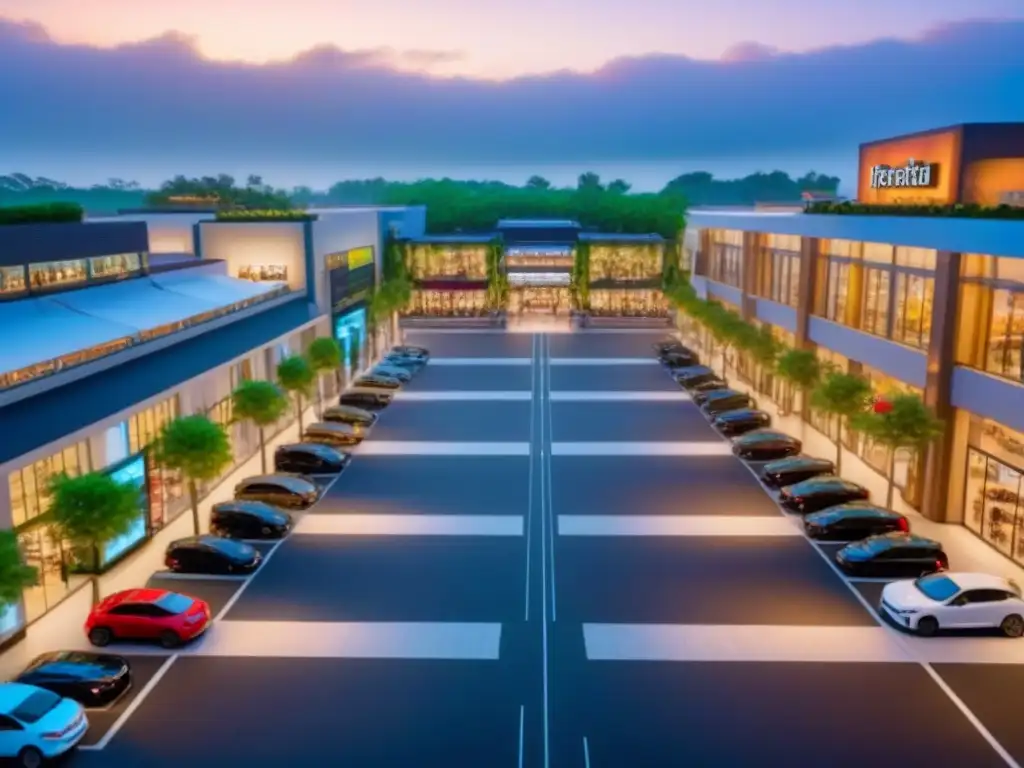 Centro comercial de lujo: arquitectura elegante y tiendas exclusivas Vista aérea de un centro comercial de lujo con tiendas exclusivas y una plaza vibrante