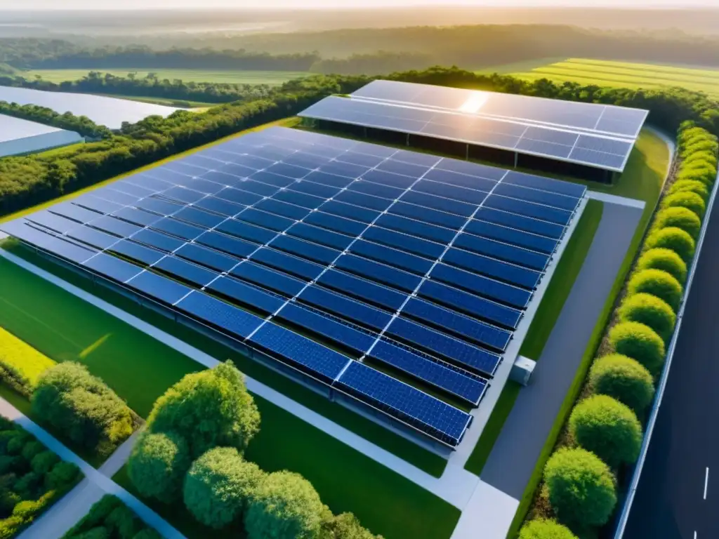 Centro de datos sostenible y tecnológico en entorno natural Vista aérea de un centro de datos avanzado rodeado de vegetación exuberante y paneles solares, destacando la sostenibilidad y tecnología