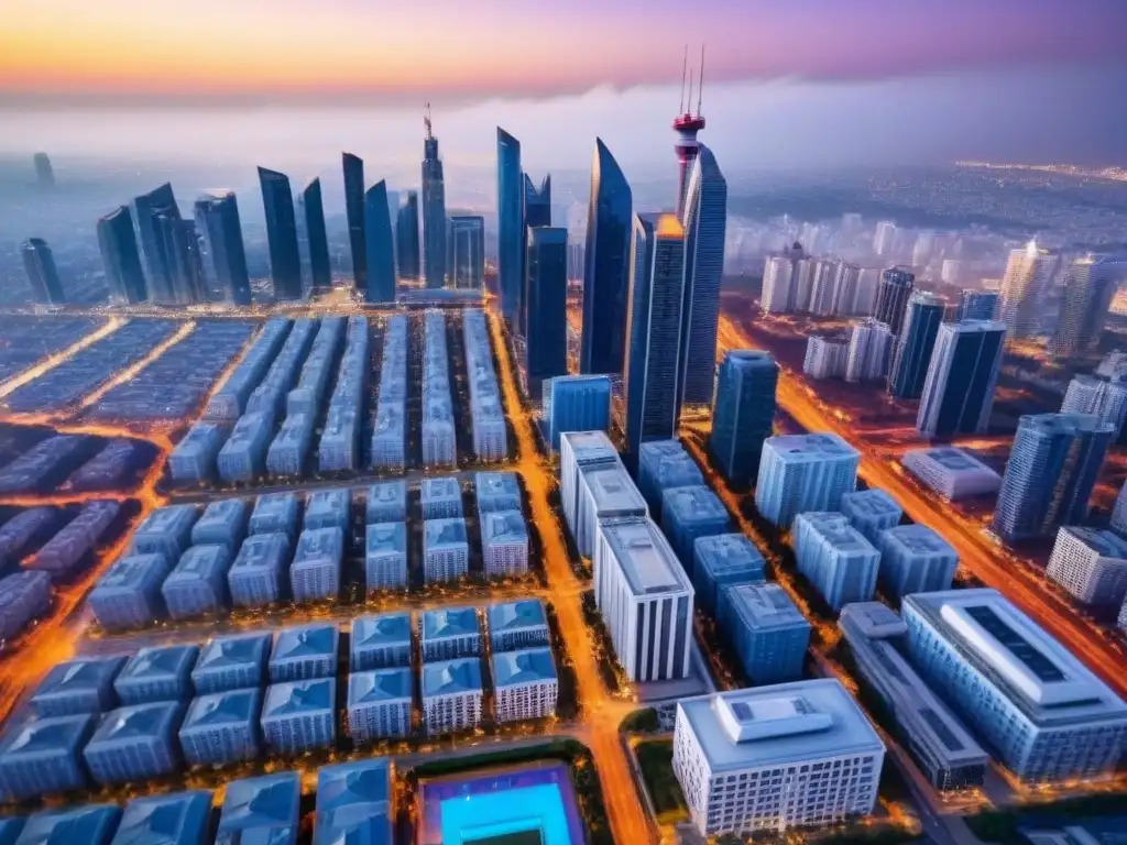 Centro urbano vibrante: inversión en propiedades de lujo Vista aérea de un centro urbano bullicioso con rascacielos modernos, edificios comerciales de lujo y calles vibrantes llenas de gente y coches