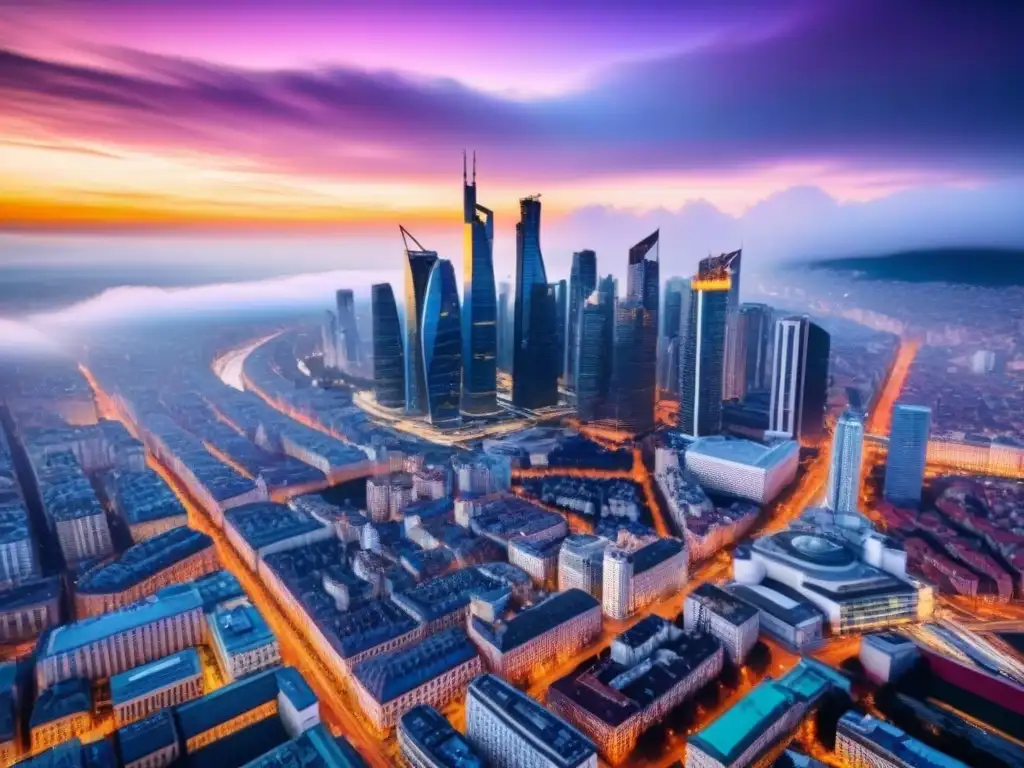 Skyline vibrante: arquitectura histórica y rascacielos en Europa del Este Vista aérea de una ciudad en Europa del Este, con arquitectura histórica y rascacielos contemporáneos