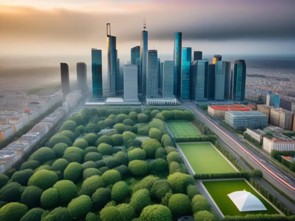 Cityscape post-merger: fusión de estilos en mercado inmobiliario Vista aérea de ciudad fusionando arquitectura histórica y rascacielos futuristas en el mercado inmobiliario postfusión internacional