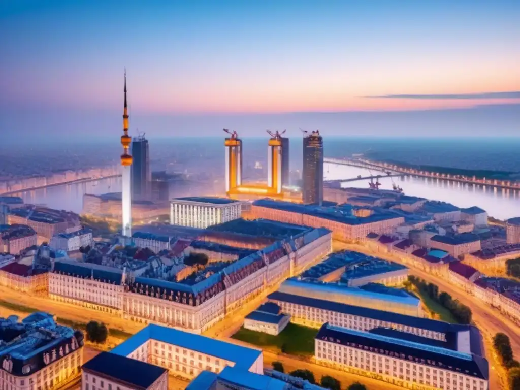 Horizonte urbano de Europa del Este: historia y modernidad en armonía Vista aérea de una ciudad en Europa del Este con arquitectura histórica y rascacielos modernos, simbolizando el desarrollo inmobiliario en la región