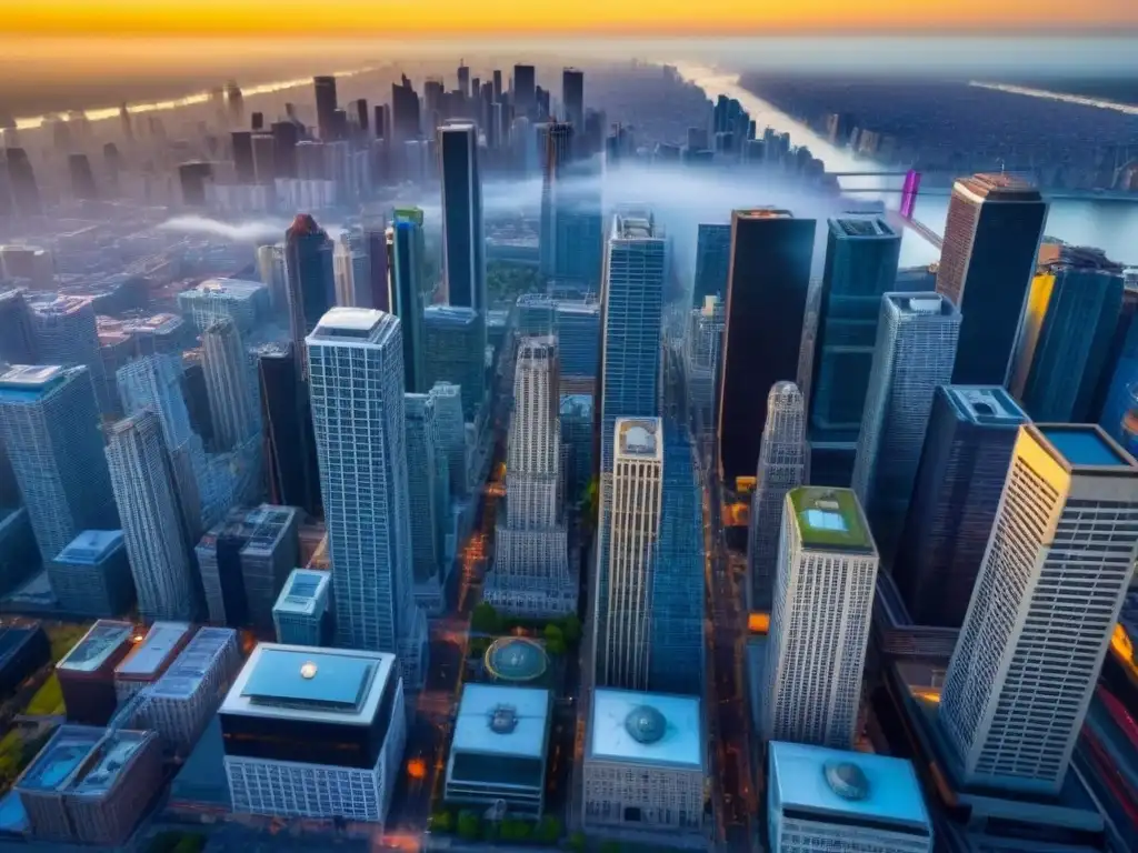 Contraste urbano: historia y modernidad en armonía Vista aérea de una ciudad con arquitectura histórica y rascacielos modernos, simbolizando oportunidades de inversión inmobiliaria global