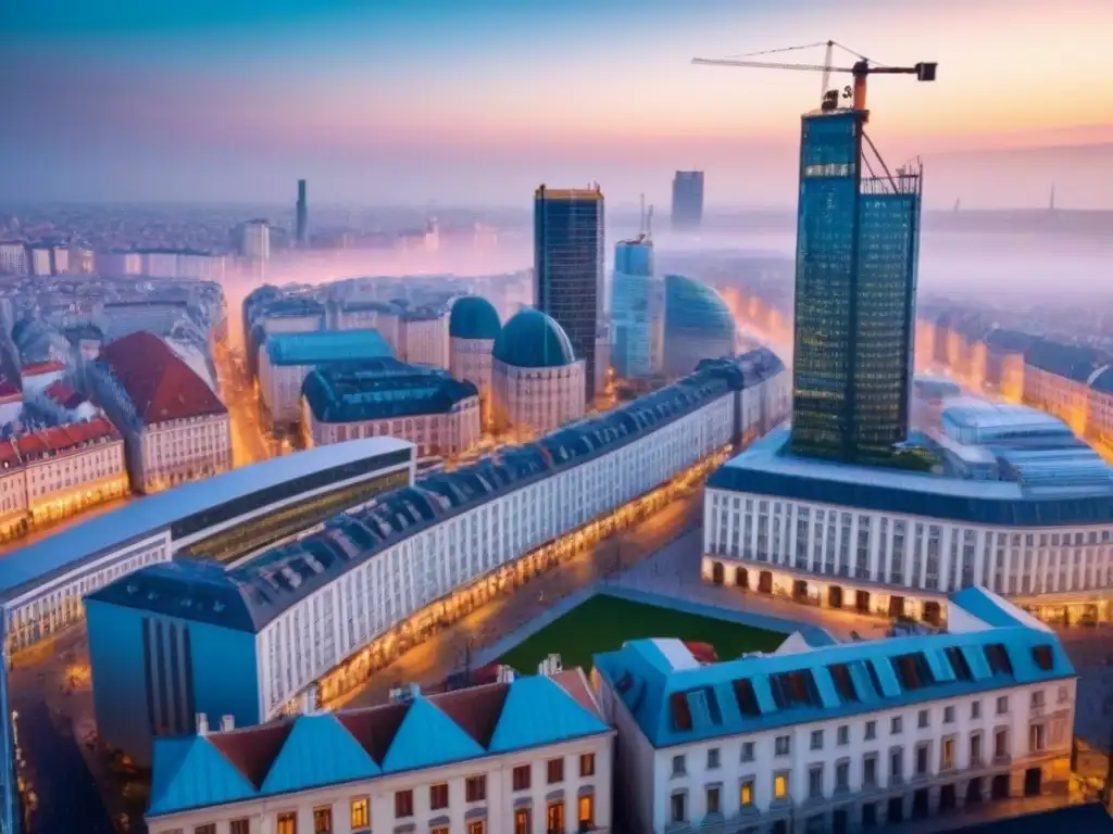 Vibrante mercado inmobiliario en Europa del Este: pasado y futuro Vista aérea de ciudad dinámica en Europa del Este con arquitectura histórica y rascacielos modernos
