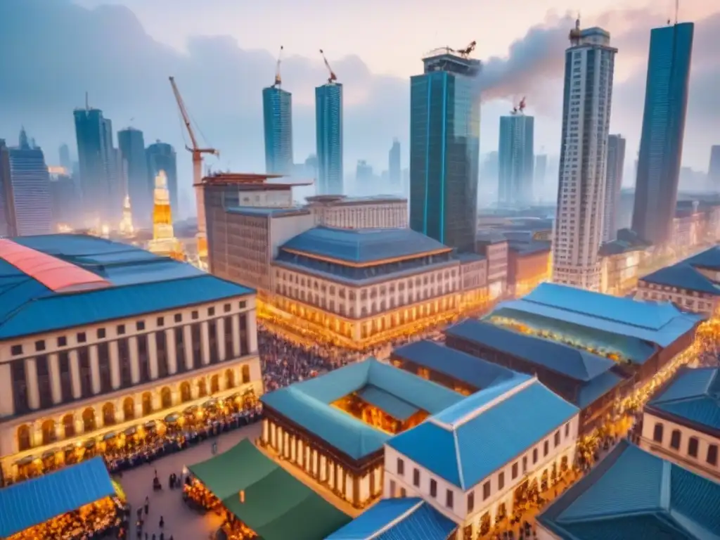 Mercado bullicioso en ciudad en transición Vista aérea de una ciudad en transición con arquitectura tradicional y modernos rascacielos