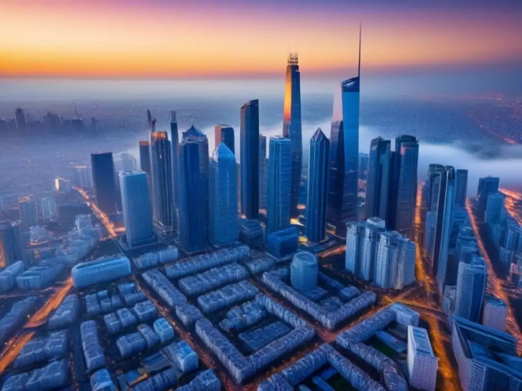 Inversiones inmobiliarias: fusión de tradición y modernidad en el mercado internacional Vista aérea de la ciudad al atardecer, fusionando rascacielos modernos con edificios históricos