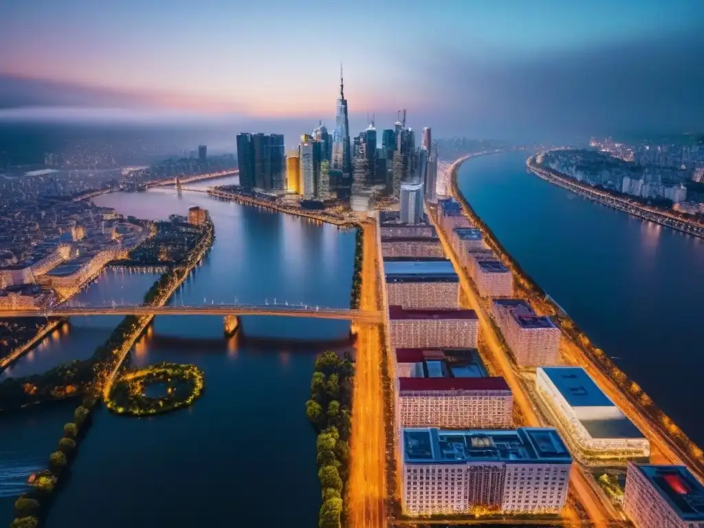 Horizonte urbano iluminado al anochecer: resiliencia en crisis Vista aérea de ciudad al atardecer con rascacielos iluminados, reflejos en el río