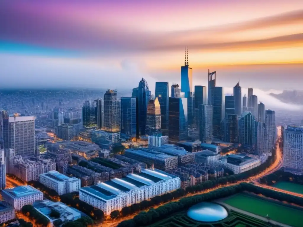 Horizonte urbano diverso al atardecer: mezcla de modernidad y tradición Vista aérea de la ciudad al atardecer, con rascacielos modernos y edificios históricos bañados por la cálida luz dorada