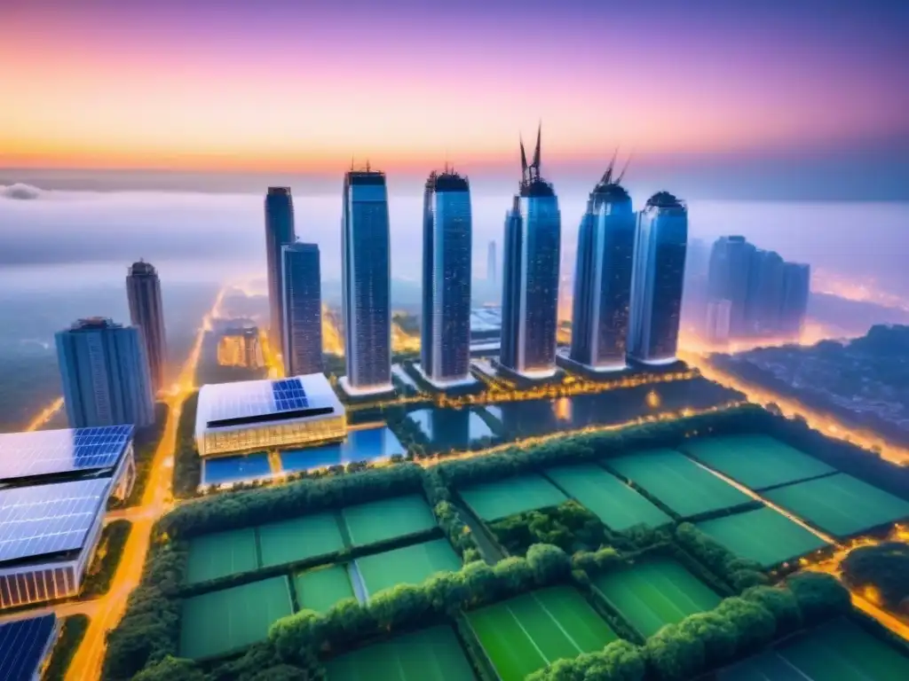 Horizonte urbano eco-sostenible al atardecer Vista aérea de ciudad al atardecer con rascacielos modernos iluminados con LED, espacios verdes y paneles solares