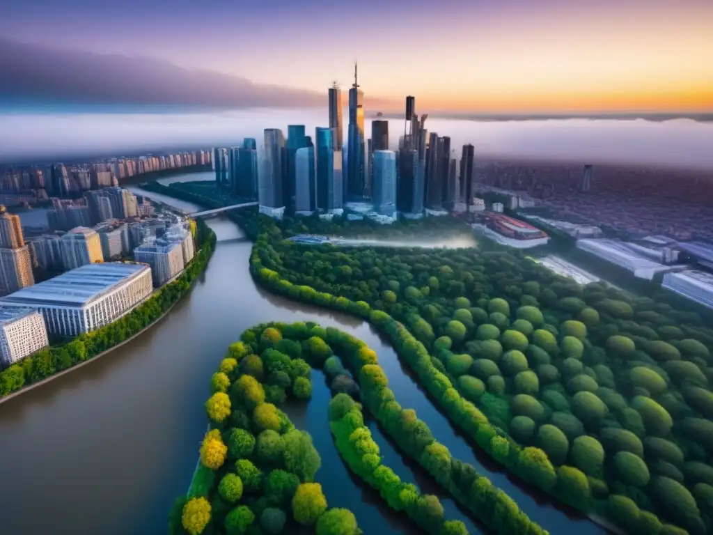 Atardecer en la ciudad: modernos rascacielos junto a la naturaleza Vista aérea de una ciudad al atardecer: rascacielos iluminados, río sereno y naturaleza exuberante