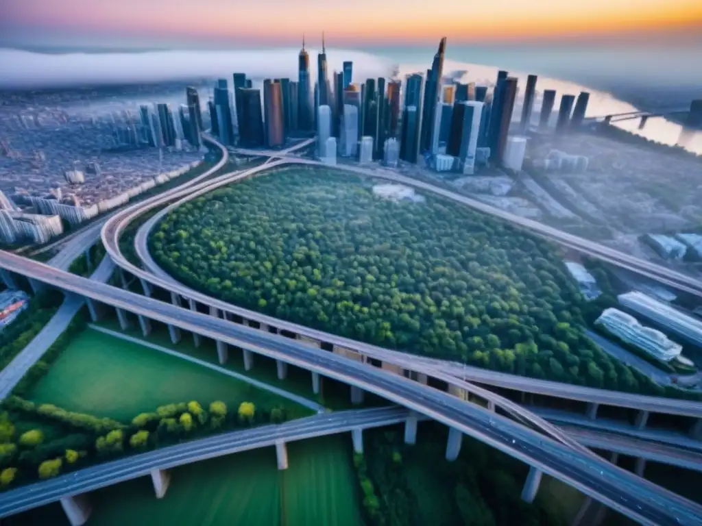 Metrópolis emergente: infraestructura moderna y paisaje urbano vibrante Vista aérea de una ciudad bulliciosa en una economía emergente, con infraestructura moderna y demanda inmobiliaria en economías emergentes