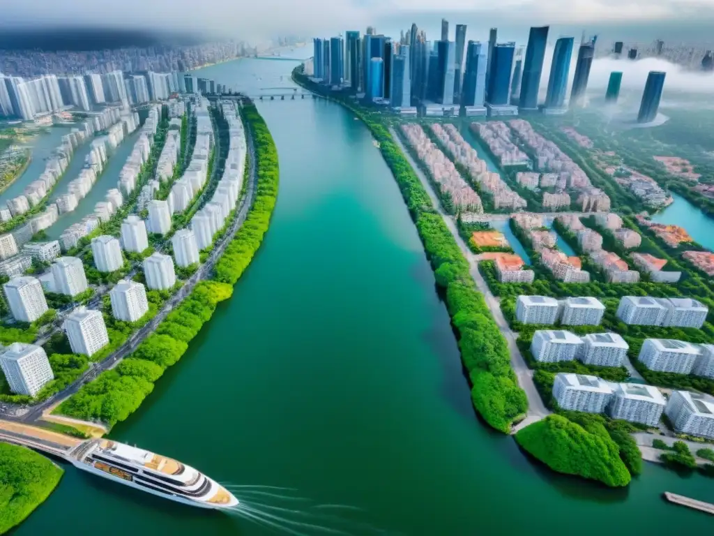 Metrópolis vibrante: arquitectura moderna entre historia y naturaleza Vista aérea de una ciudad bulliciosa con rascacielos, parques verdes y actividad económica vibrante