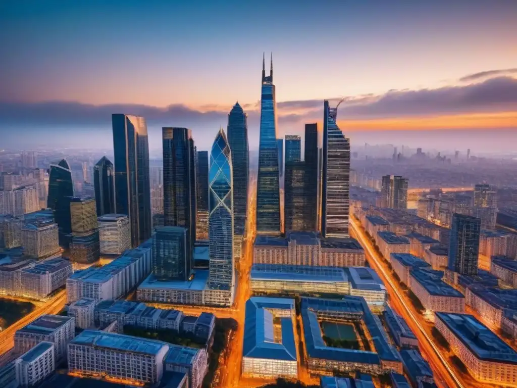 Horizonte urbano al atardecer: vida y energía en la ciudad Vista aérea de una ciudad bulliciosa al atardecer, con rascacielos iluminados por la cálida luz dorada