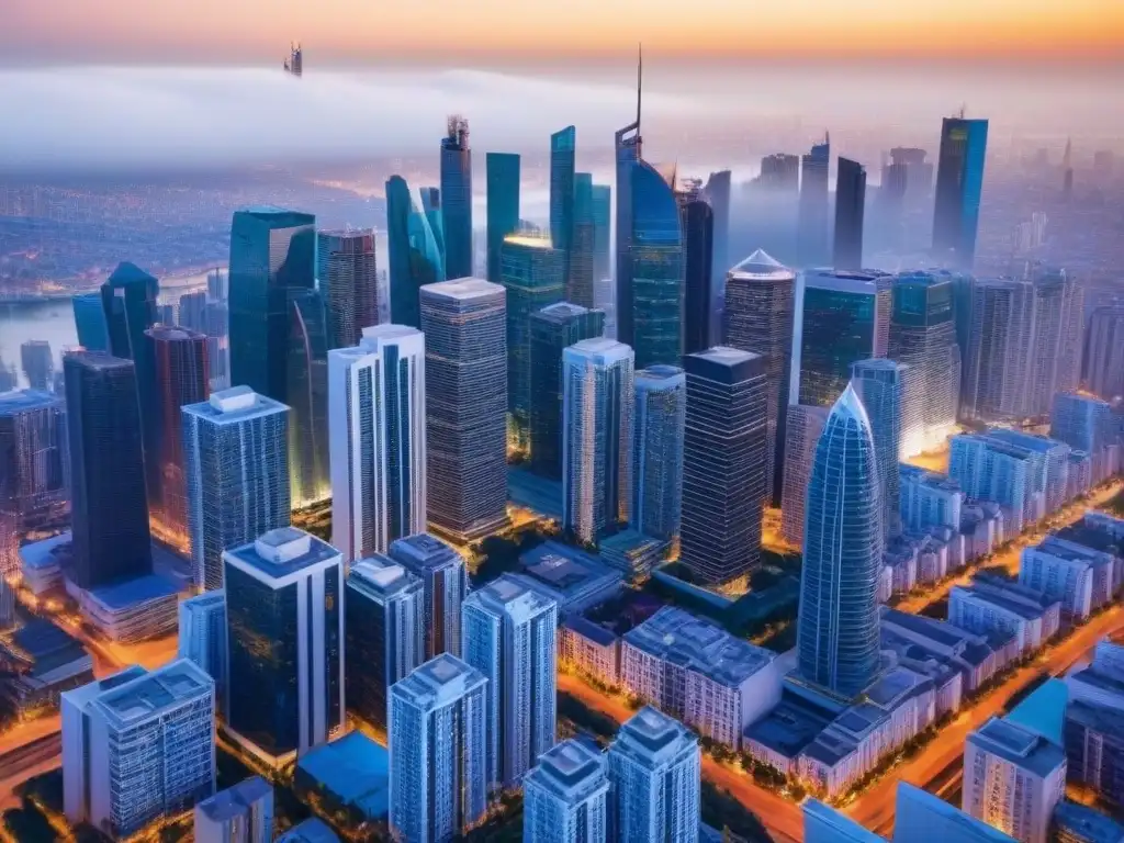Panorámica impactante de rascacielos internacionales en ciudad vibrante Vista aérea de una ciudad bulliciosa con rascacielos y propiedades internacionales modernas