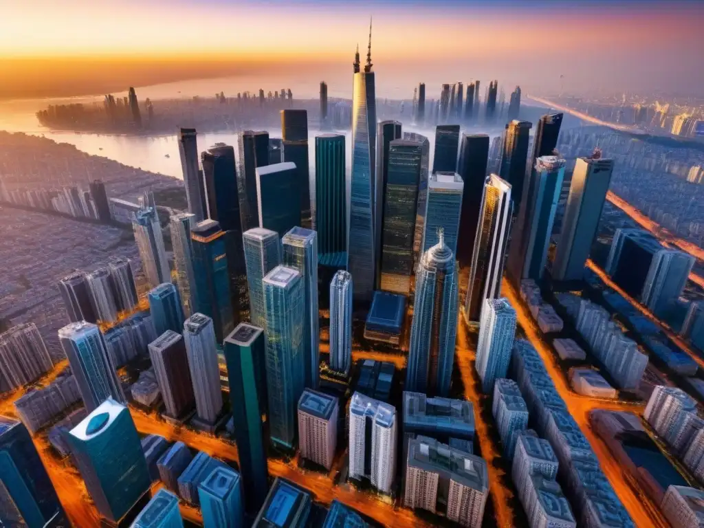 Metrópolis global: amanecer en la cúspide del real estate internacional Vista aérea de una ciudad bulliciosa con rascacielos imponentes y complejas vías, reflejando el ajetreo de Due Diligence en mercado internacional