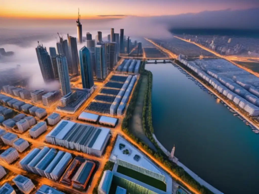 Horizonte urbano: crecimiento dinámico en la construcción de rascacielos Vista aérea de una ciudad bulliciosa con rascacielos modernos y sitios de construcción, reflejando el crecimiento dinámico en el sector inmobiliario