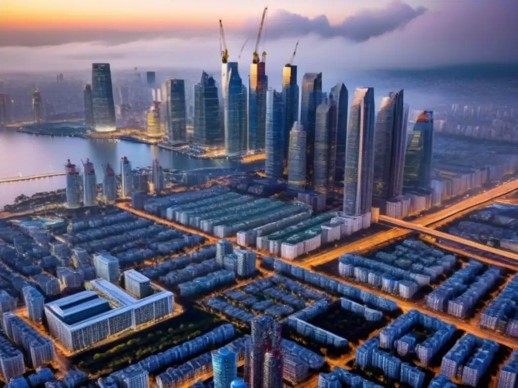 Metrópolis moderna: paisaje urbano vibrante y en constante evolución Vista aérea de una ciudad bulliciosa con rascacielos imponentes y diseño arquitectónico moderno, reflejando la energía vibrante del desarrollo urbano
