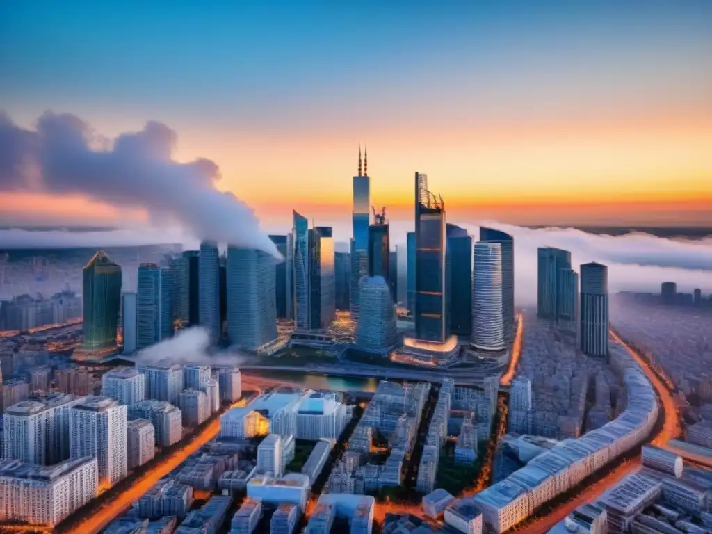 Metrópolis global: paisaje urbano con rascacielos y arquitectura moderna Vista aérea de una ciudad bulliciosa con rascacielos y arquitectura moderna, representando el mercado inmobiliario internacional análisis