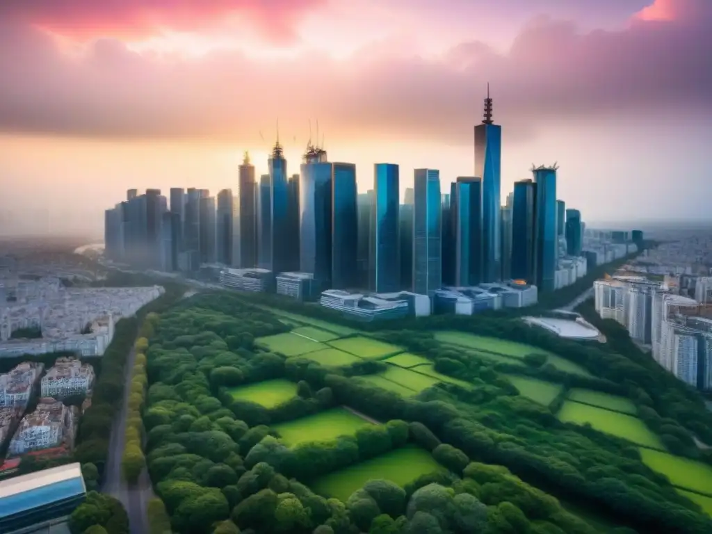 Resiliencia urbana: ciudad moderna con rascacielos y áreas verdes Vista aérea de una ciudad bulliciosa con rascacielos y espacios verdes, simbolizando la resiliencia y el crecimiento en las inversiones inmobiliarias internacionales durante crisis
