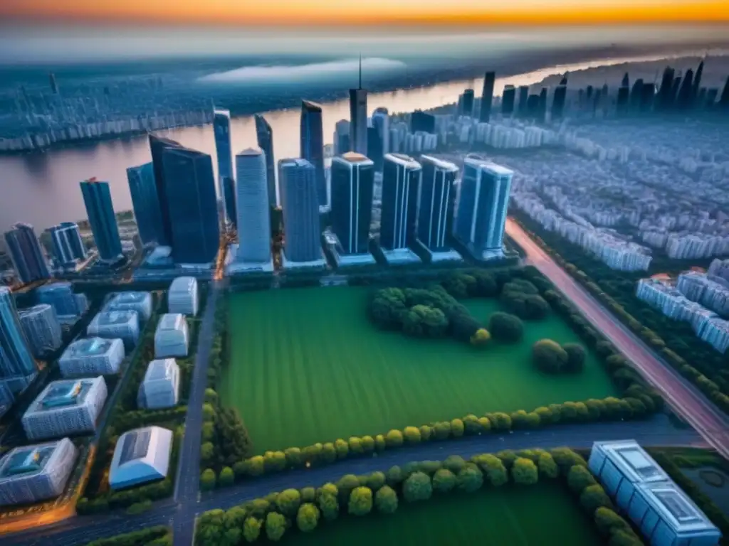 Horizonte urbano al atardecer: símbolo de crecimiento y prosperidad Vista aérea de una ciudad bulliciosa al atardecer, con rascacielos modernos reflejando los cálidos colores del sol poniente