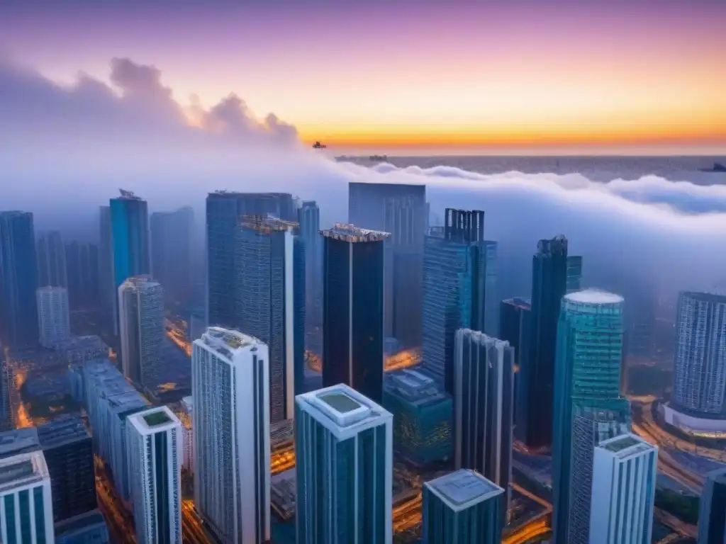 Horizonte urbano al atardecer: crecimiento y modernidad Vista aérea de una ciudad bulliciosa al atardecer, con rascacielos, obras y estrategias inversión inmobiliaria crisis
