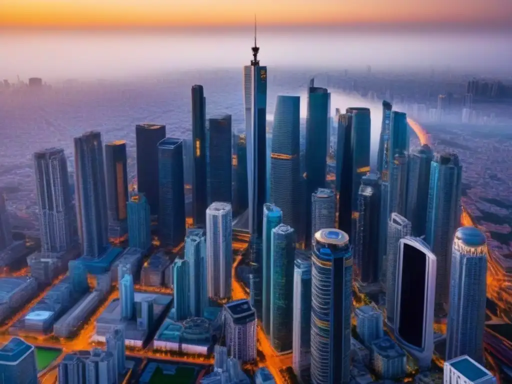 Horizonte urbano futurista: oportunidades de inversión Vista aérea de una ciudad bulliciosa con rascacielos futuristas reflejando la luz dorada del atardecer, simbolizando oportunidades de inversión inmobiliaria internacional en un mercado global dinámico y próspero, destacando las ventajas del crowdfunding inmobiliario internacional