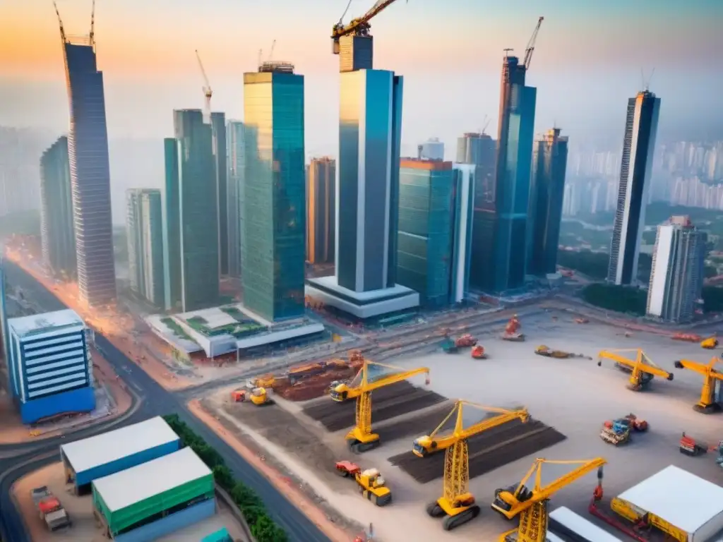 Vibrante ciudad latinoamericana: mercado y construcción Vista aérea de una ciudad bulliciosa en América Latina, con rascacielos modernos y escenas de mercado vibrantes