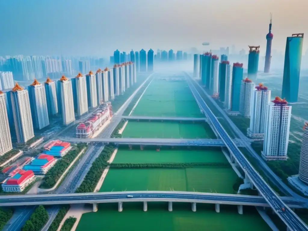 Cityscape vibrante: Tradición y modernidad en la Iniciativa Belt and Road Vista aérea de una ciudad bulliciosa en la Franja y la Ruta, fusionando arquitectura tradicional y rascacielos modernos