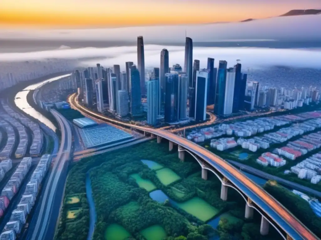 Metrópolis vibrante en América Latina: modernidad y naturaleza Vista aérea de una ciudad bulliciosa en América Latina, con tendencias inmobiliarias futuras integradas en su paisaje urbano