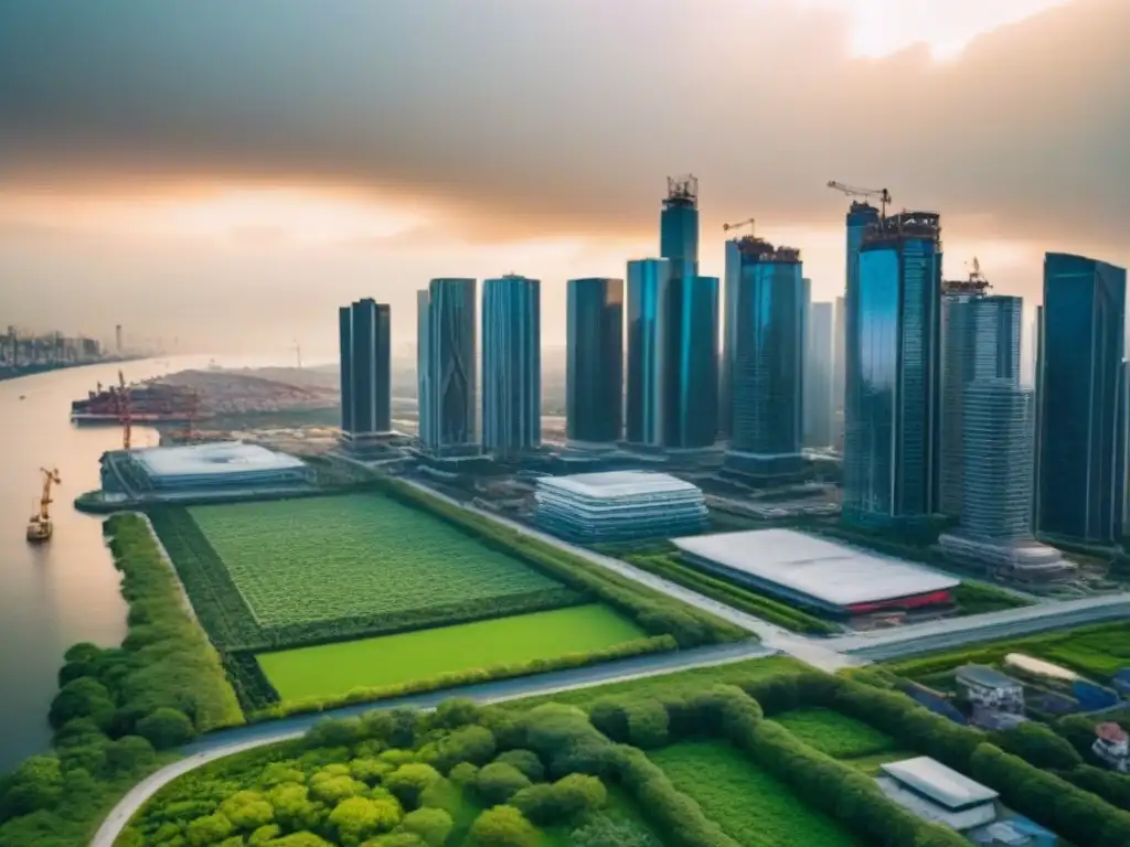 Vista aérea de ciudad en crecimiento: inversión inmobiliaria en alza Vista aérea de una ciudad bulliciosa con rascacielos y construcciones, reflejando el mercado inmobiliario en entorno inflacionario