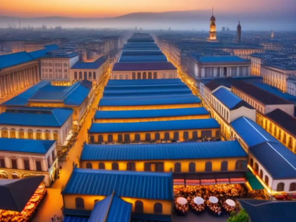 Horizonte urbano al atardecer: mercado vibrante en ciudad internacional Vista aérea de una ciudad bulliciosa al atardecer, con rascacielos modernos y arquitectura histórica, mercados vibrantes en las calles