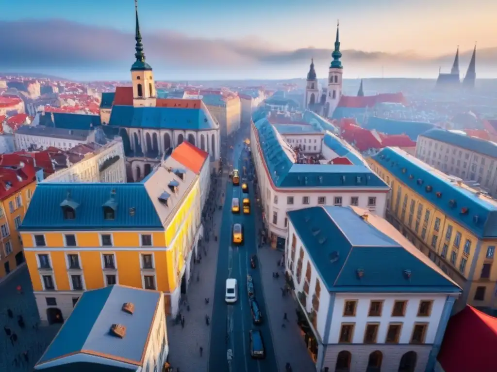 Cityscape vibrante: evolución inmobiliaria en Europa del Este Vista aérea de una ciudad bulliciosa en Europa del Este, con arquitectura histórica y modernos rascacielos