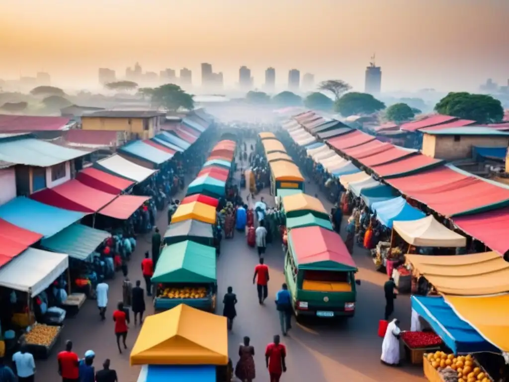 Contrastes urbanos: modernidad y tradición en África Subsahariana 'Vista aérea de una ciudad bulliciosa en África Subsahariana, fusionando modernidad y tradición