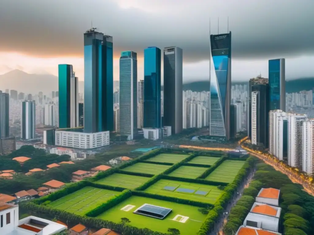 Contraste urbano: mercado inmobiliario vs Vista aérea de una ciudad bulliciosa en América Latina, con rascacielos, espacios verdes y una vibrante bolsa de valores