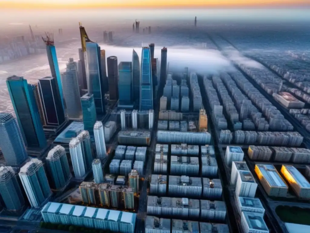 Metrópolis en crecimiento: oportunidades de inversión urbana Vista aérea de una ciudad bulliciosa con rascacielos modernos y sitios de construcción, destacando el crecimiento dinámico de los mercados inmobiliarios emergentes
