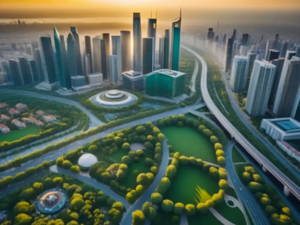 Metrópolis dorada: diversidad y prosperidad en el mercado inmobiliario Vista aérea de una ciudad bulliciosa con modernos rascacielos y edificios residenciales, mostrando la diversidad del próspero mercado inmobiliario