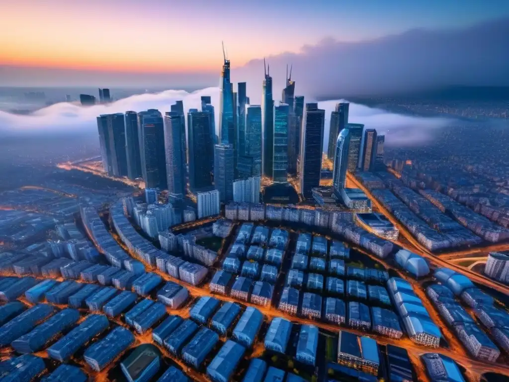 Metrópolis vibrante: crecimiento urbano y desarrollo moderno Vista aérea de una ciudad bulliciosa con rascacielos, simbolizando gangas inmobiliarias en ciudades de alto crecimiento