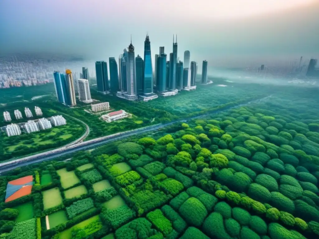 Contraste urbano-natural: ciudad con rascacielos y parques verdes Vista aérea de una ciudad bulliciosa con rascacielos y parques verdes, destacando la importancia de la ubicación en la inversión inmobiliaria