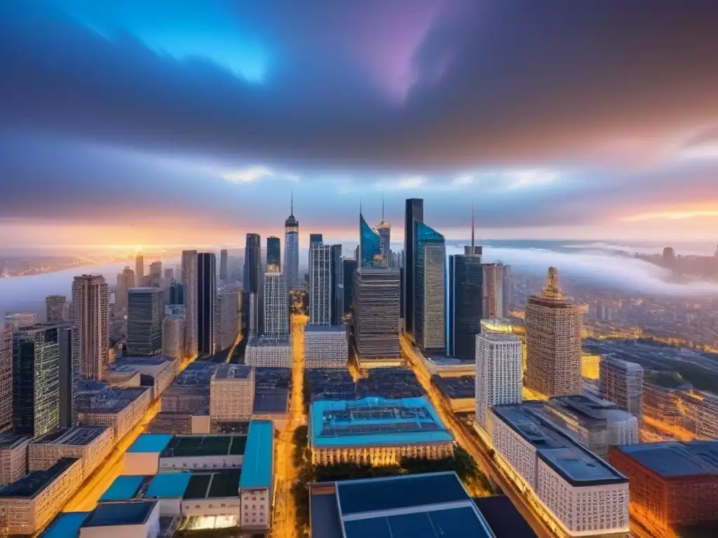 Horizonte urbano: fusión de rascacielos y edificios históricos Vista aérea de una ciudad bulliciosa con arquitectura antigua y moderna, simbolizando las estrategias anticíclicas inversiones inmobiliarias