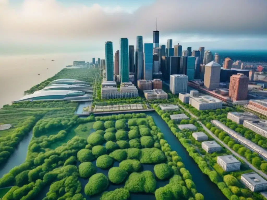 Vibrante paisaje urbano en América del Norte: inversión inmobiliaria sostenible Vista aérea de una ciudad bulliciosa en Norteamérica con rascacielos modernos y edificios históricos, integrando áreas verdes y espacios acuáticos