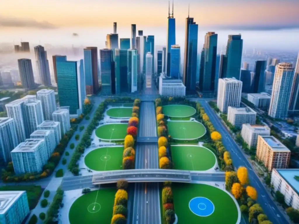 Metrópolis diversa: vibrante ciudad con rascacielos y parques verdes Vista aérea de una ciudad bulliciosa con rascacielos modernos y edificios residenciales, reflejando la diversidad urbana con personas de diferentes etnias caminando por las calles, autos circulando en múltiples carriles y parques verdes dispersos en el paisaje urbano